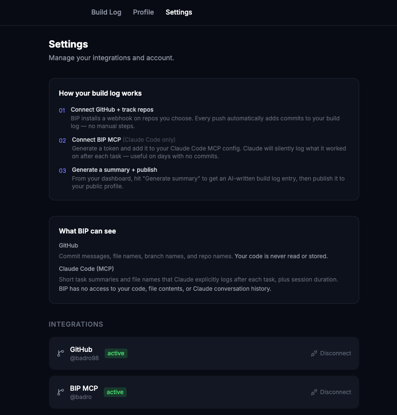BIP Settings — GitHub and Claude Code MCP integrations