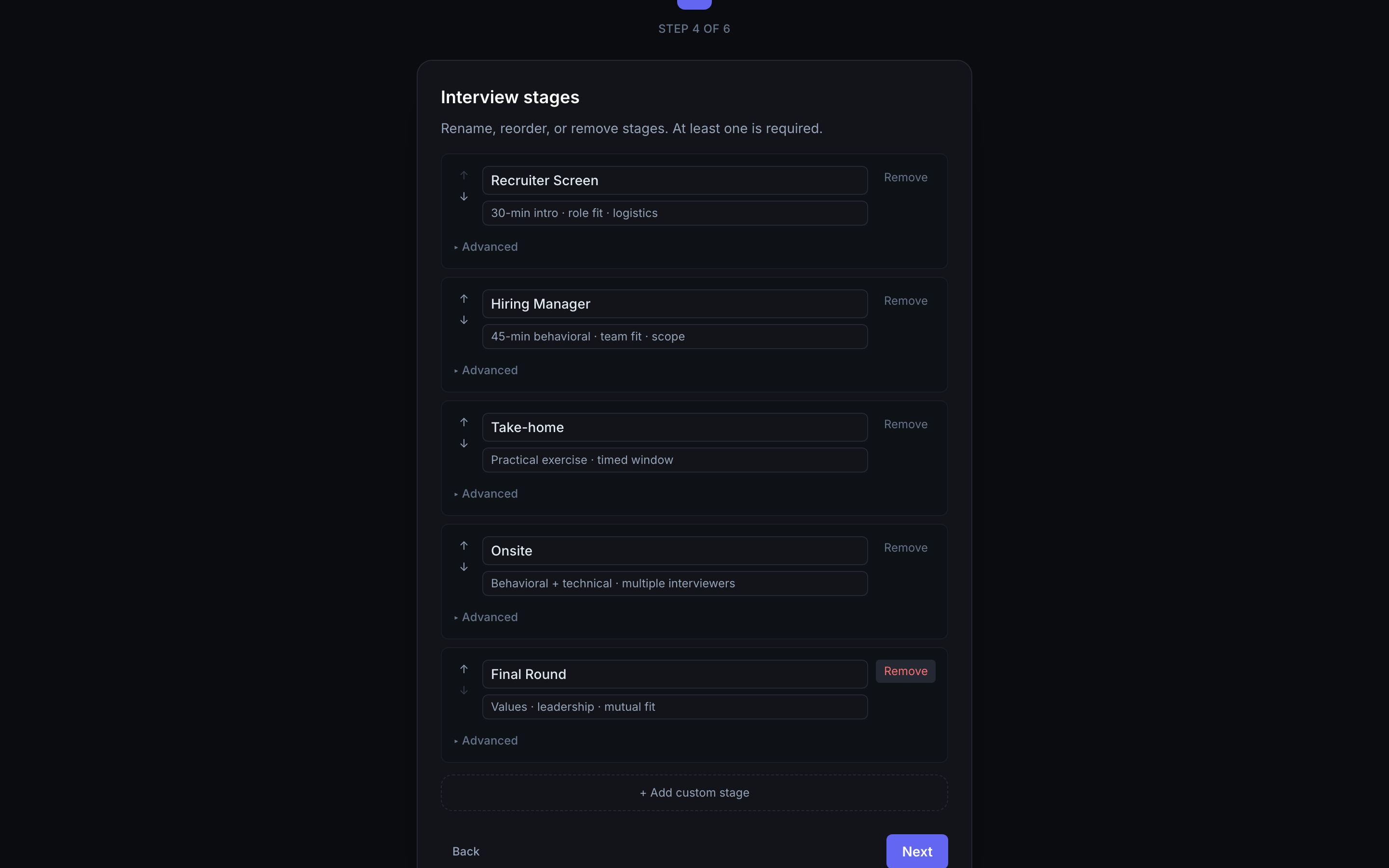 Interview Prep Kit onboarding — editing the interview stage list