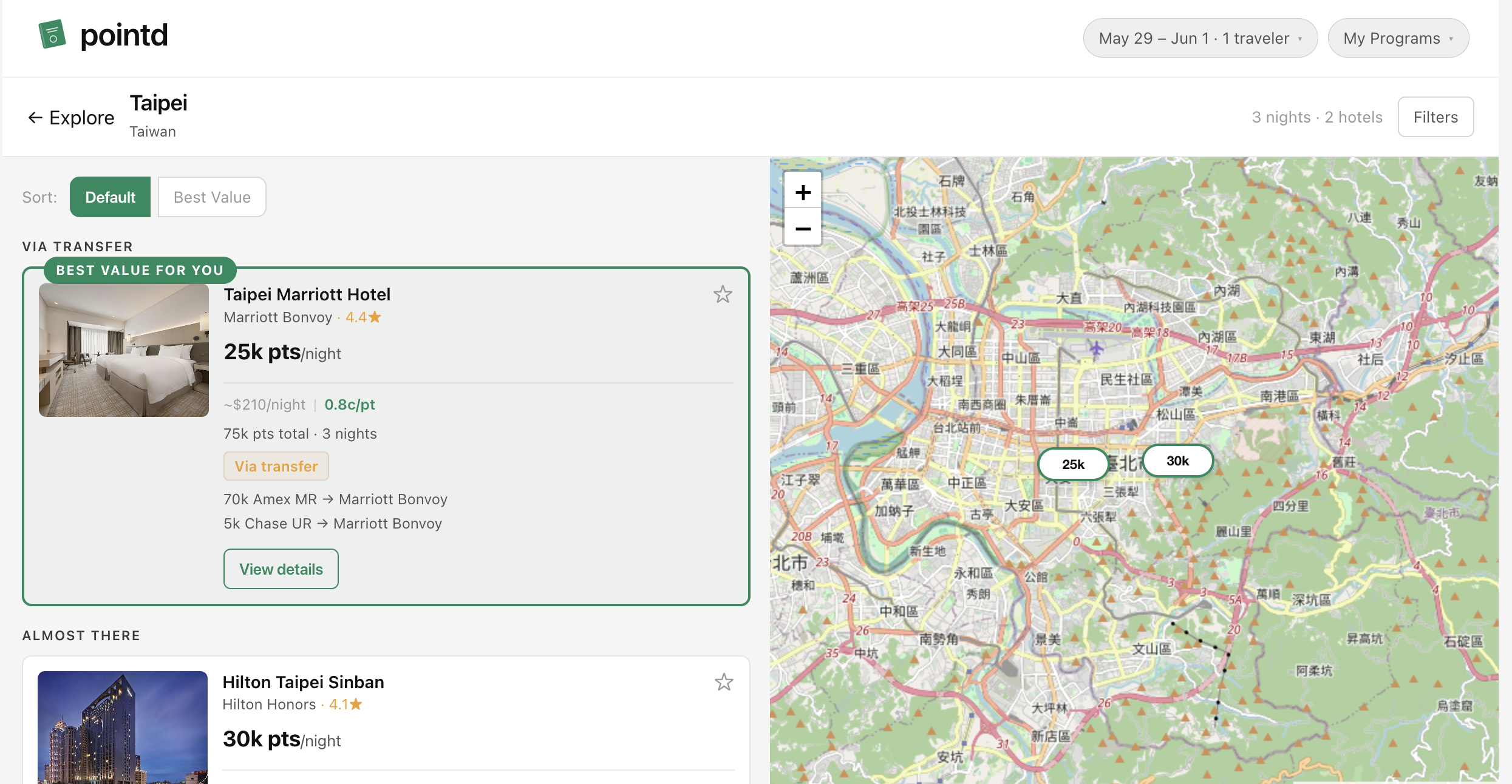 pointd hotel detail — Taipei list with map
