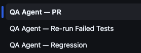 GitHub Actions sidebar showing three QA Agent workflows